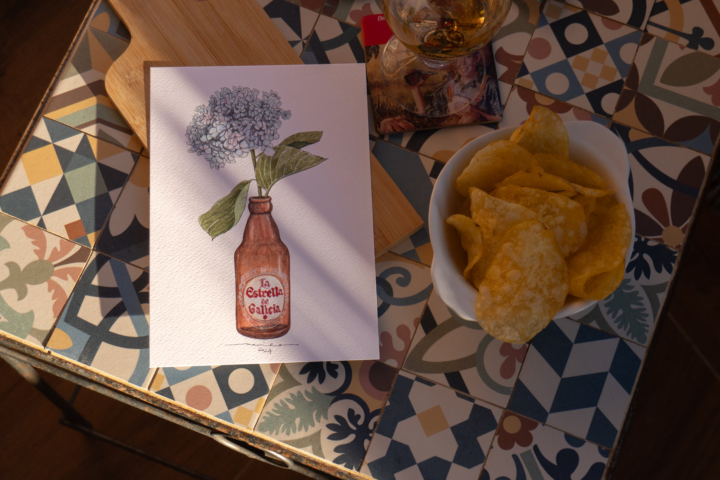 Lámina Estrella Galicia y hortensias - Botellines & Flores