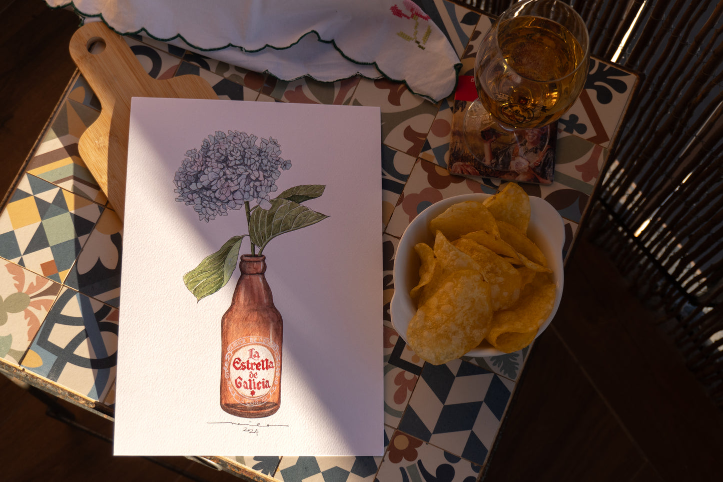 Lámina Estrella Galicia y hortensias - Botellines & Flores